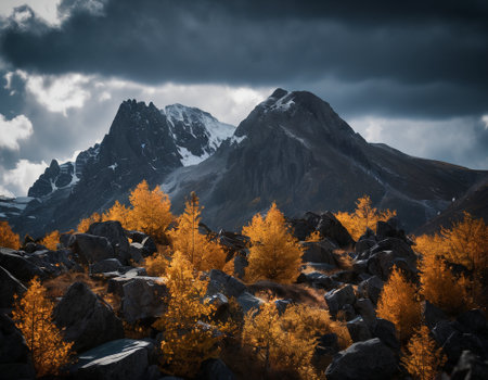 Beautiful cinematic mountain landscape with black marble and granite. High quality illustrationの素材