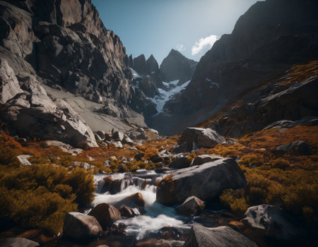 Beautiful cinematic mountain landscape with black marble and granite. High quality illustrationの素材