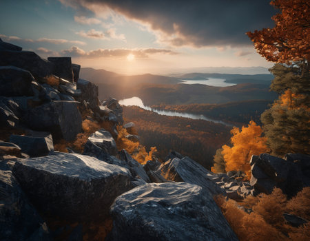 Beautiful cinematic mountain landscape with black marble and granite. High quality illustrationの素材