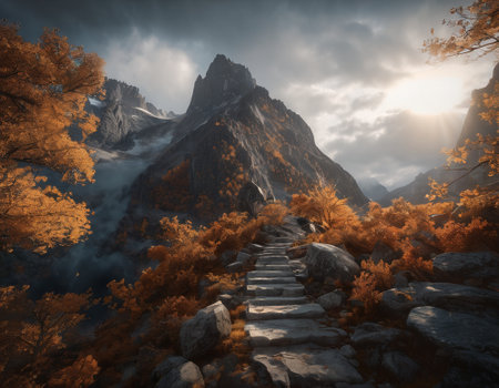 Beautiful cinematic mountain landscape with black marble and granite. High quality illustrationの素材