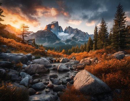 Beautiful cinematic mountain landscape with black marble and granite. High quality illustrationの素材