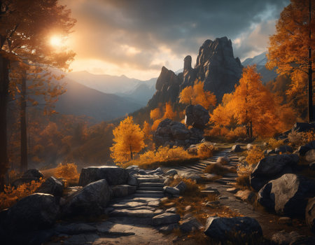 Beautiful cinematic mountain landscape with black marble and granite. High quality illustrationの素材