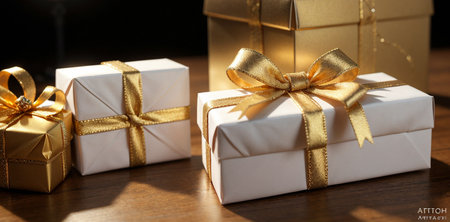 Lovely Christmas background with gifts, decorations and candles on the tableの素材