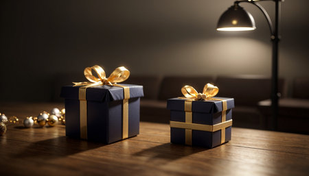 Lovely Christmas background with gifts, decorations and candles on the tableの素材