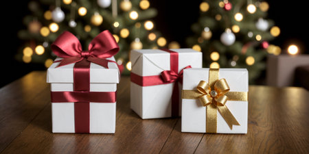 Lovely Christmas background with gifts, decorations and candles on the tableの素材
