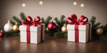Lovely Christmas background with gifts, decorations and candles on the tableの素材