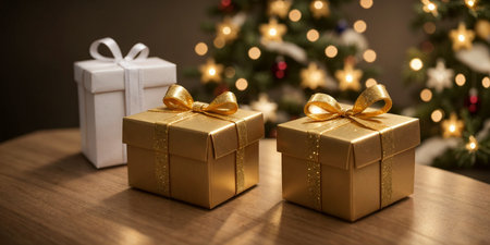 Lovely Christmas background with gifts, decorations and candles on the tableの素材