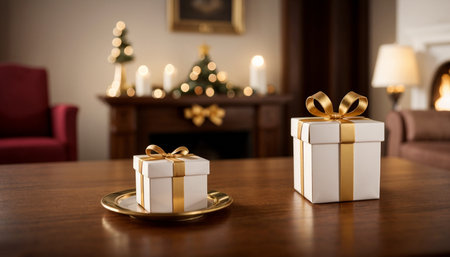 Lovely Christmas background with gifts, decorations and candles on the tableの素材