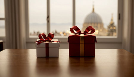 Lovely Christmas background with gifts, decorations and candles on the tableの素材