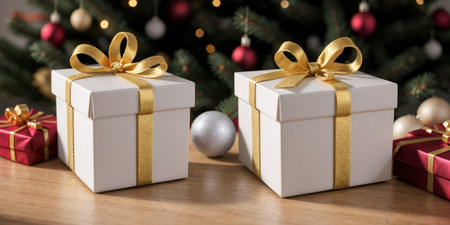 Lovely Christmas background with gifts, decorations and candles on the tableの素材
