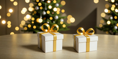 Lovely Christmas background with gifts, decorations and candles on the tableの素材