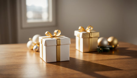 Lovely Christmas background with gifts, decorations and candles on the tableの素材