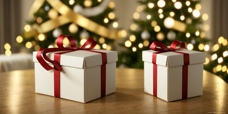 Lovely Christmas background with gifts, decorations and candles on the tableの素材