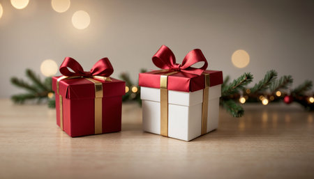 Lovely Christmas background with gifts, decorations and candles on the tableの素材