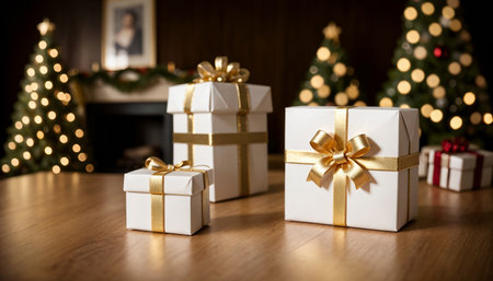 Lovely Christmas background with gifts, decorations and candles on the tableの素材