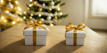 Lovely Christmas background with gifts, decorations and candles on the tableの素材