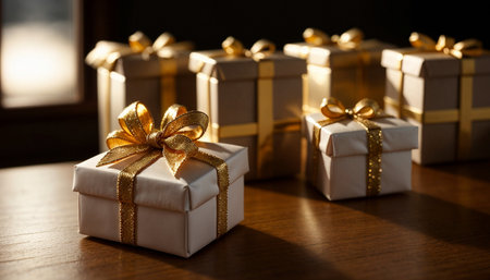 Lovely Christmas background with gifts, decorations and candles on the tableの素材