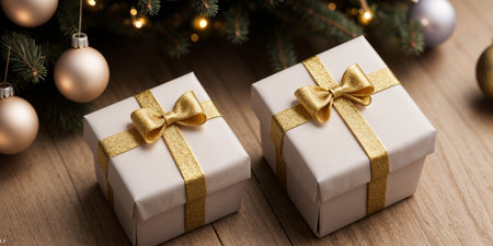 Lovely Christmas background with gifts, decorations and candles on the tableの素材