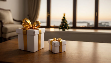 Lovely Christmas background with gifts, decorations and candles on the tableの素材