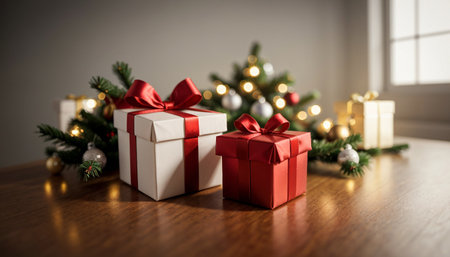 Lovely Christmas background with gifts, decorations and candles on the tableの素材