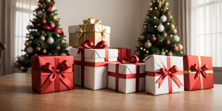 Lovely Christmas background with gifts, decorations and candles on the tableの素材