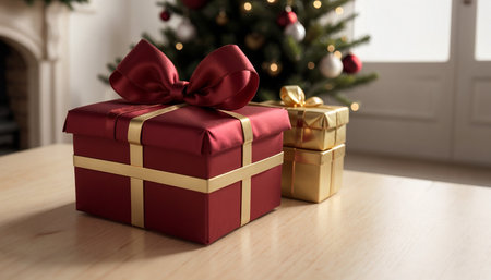 Lovely Christmas background with gifts, decorations and candles on the tableの素材