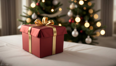 Lovely Christmas background with gifts, decorations and candles on the tableの素材