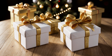 Lovely Christmas background with gifts, decorations and candles on the tableの素材
