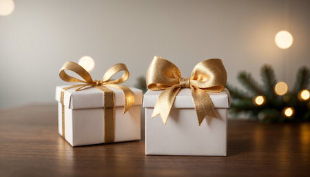 Lovely Christmas background with gifts, decorations and candles on the tableの素材