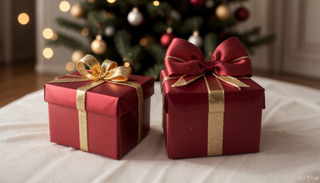 Lovely Christmas background with gifts, decorations and candles on the tableの素材