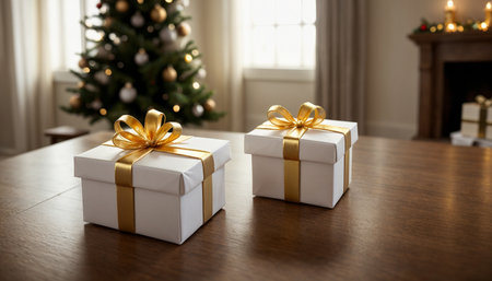 Lovely Christmas background with gifts, decorations and candles on the tableの素材