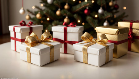 Lovely Christmas background with gifts, decorations and candles on the tableの素材