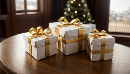Lovely Christmas background with gifts, decorations and candles on the tableの素材