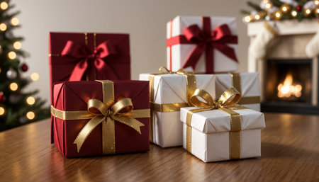 Lovely Christmas background with gifts, decorations and candles on the tableの素材