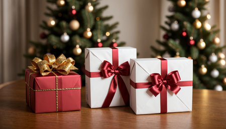 Lovely Christmas background with gifts, decorations and candles on the tableの素材
