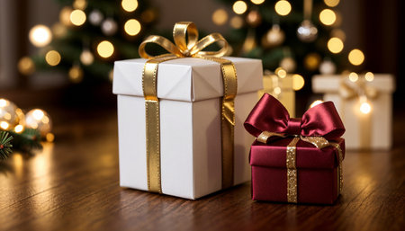 Lovely Christmas background with gifts, decorations and candles on the tableの素材