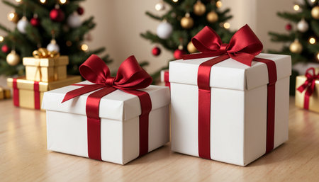 Lovely Christmas background with gifts, decorations and candles on the tableの素材