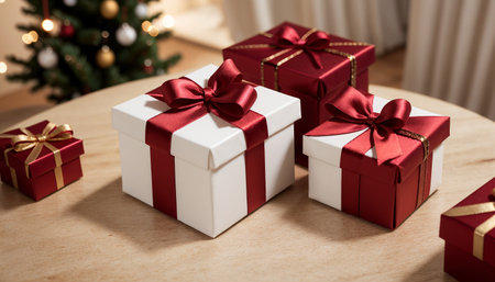 Lovely Christmas background with gifts, decorations and candles on the tableの素材