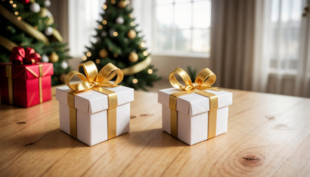 Lovely Christmas background with gifts, decorations and candles on the tableの素材