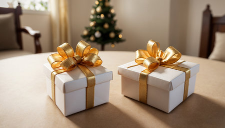 Lovely Christmas background with gifts, decorations and candles on the tableの素材