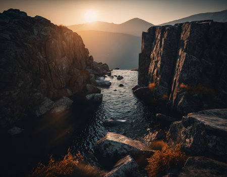 Beautiful cinematic mountain landscape with black marble and granite. High quality illustrationの素材