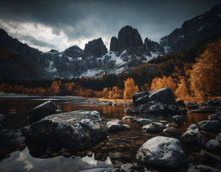 Beautiful cinematic mountain landscape with black marble and granite. High quality illustrationの素材