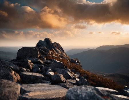 Beautiful cinematic mountain landscape with black marble and granite. High quality illustrationの素材
