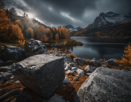 Beautiful cinematic mountain landscape with black marble and granite. High quality illustrationの素材