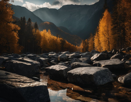 Beautiful cinematic mountain landscape with black marble and granite. High quality illustrationの素材