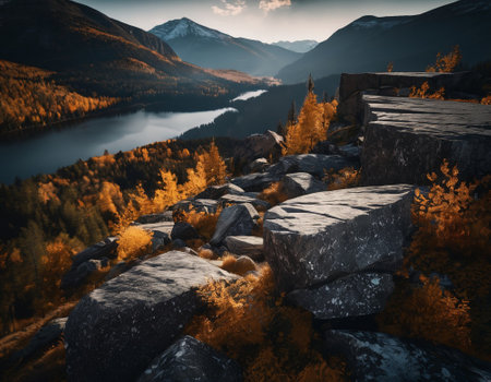 Beautiful cinematic mountain landscape with black marble and granite. High quality illustrationの素材