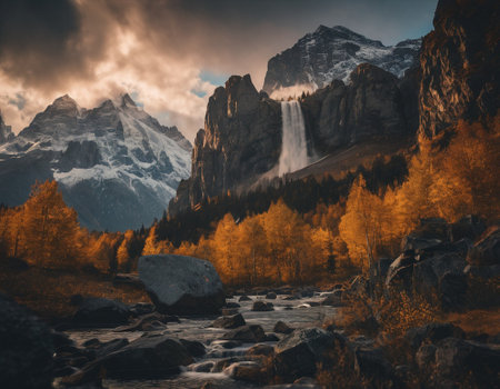 Beautiful cinematic mountain landscape with black marble and granite. High quality illustrationの素材