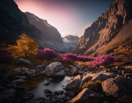 Beautiful cinematic mountain landscape with black marble and granite. High quality illustrationの素材