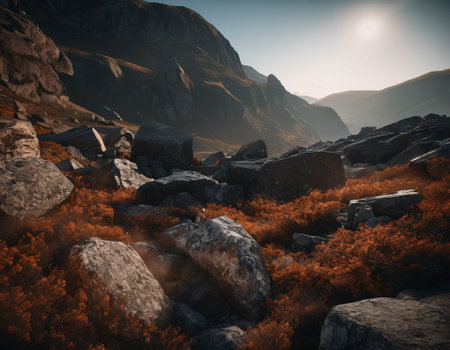 Beautiful cinematic mountain landscape with black marble and granite. High quality illustrationの素材