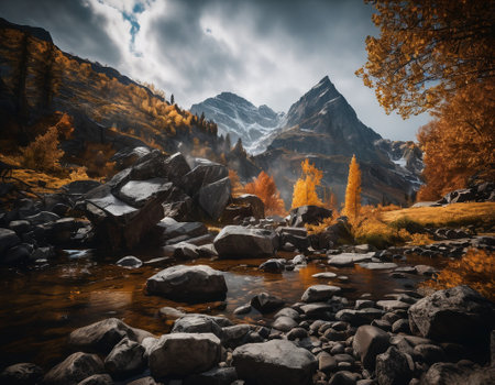 Beautiful cinematic mountain landscape with black marble and granite. High quality illustrationの素材